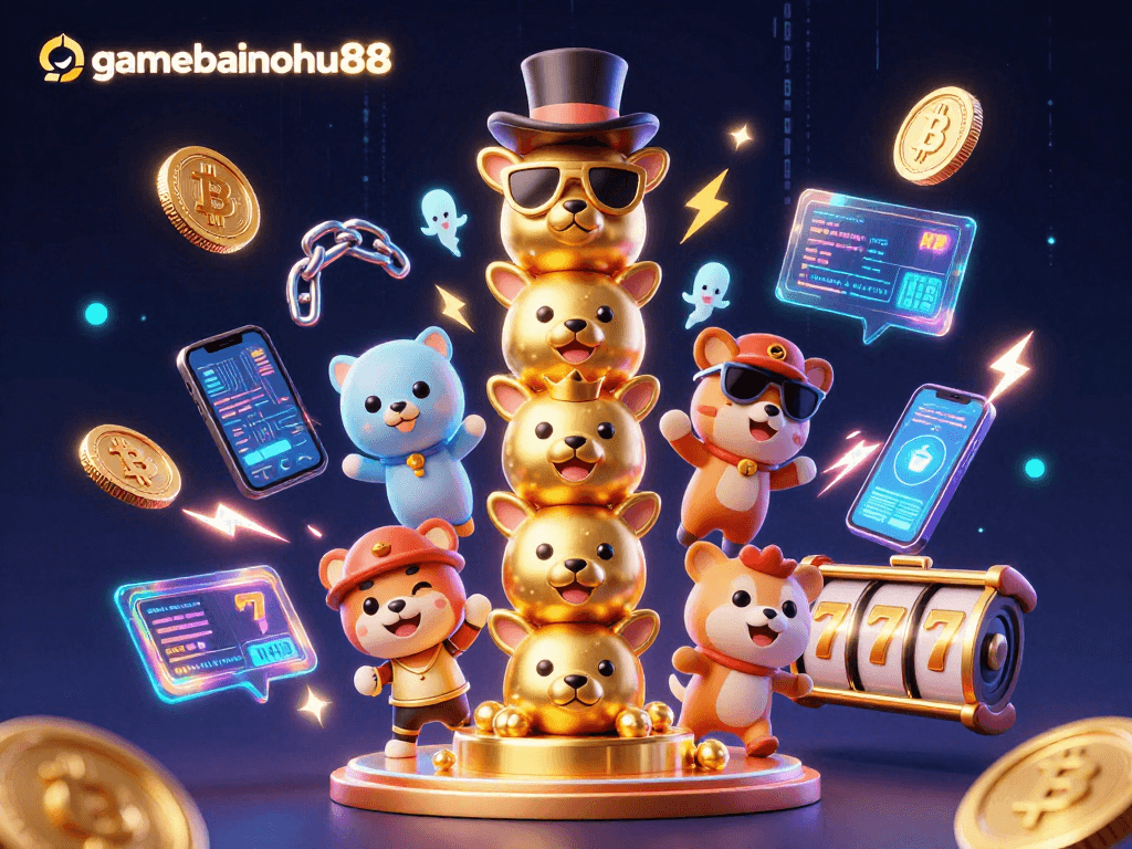 Engage with gamebainohu88 at a vibrant casino scene featuring animated totem poles and glowing cryptocurrency elements.