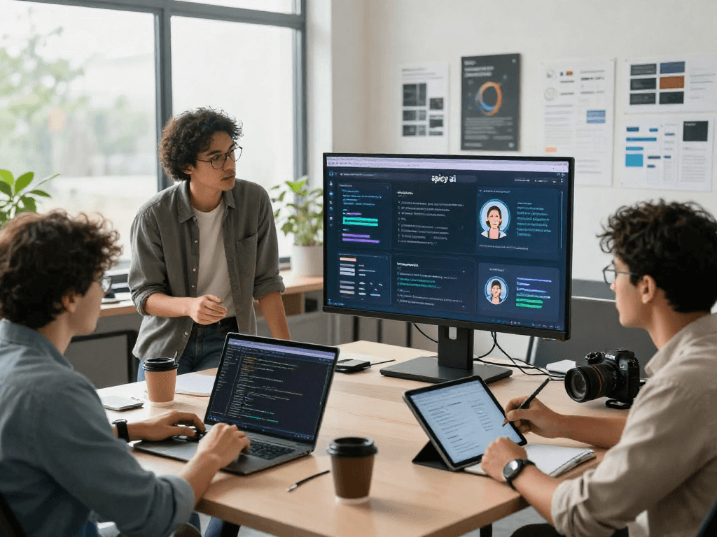 Team collaborating in a tech workspace showcasing spicy ai innovations through interactive screens, laptops, and modern decor.