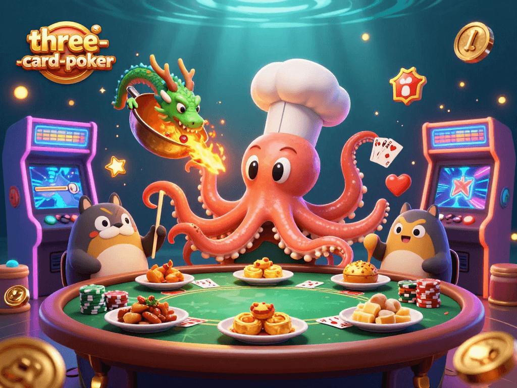 Engage in three-card-poker with a colorful scene featuring characters and vibrant game elements.