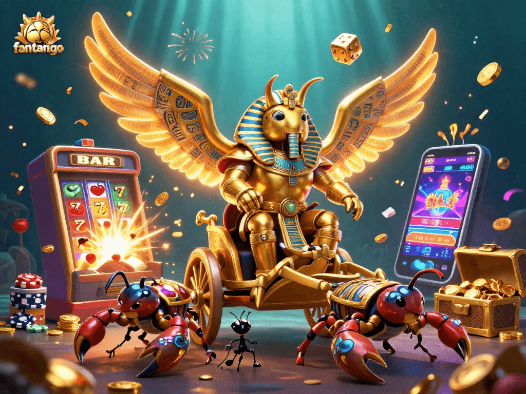 Experience the thrill of fantango as golden scarabs and scorpions are immersed in a dynamic casino scene.