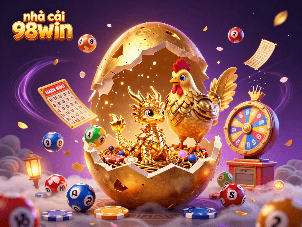 Win big with nhà cái 98WIN in a vibrant scene featuring a golden baby dragon and playful lottery elements.