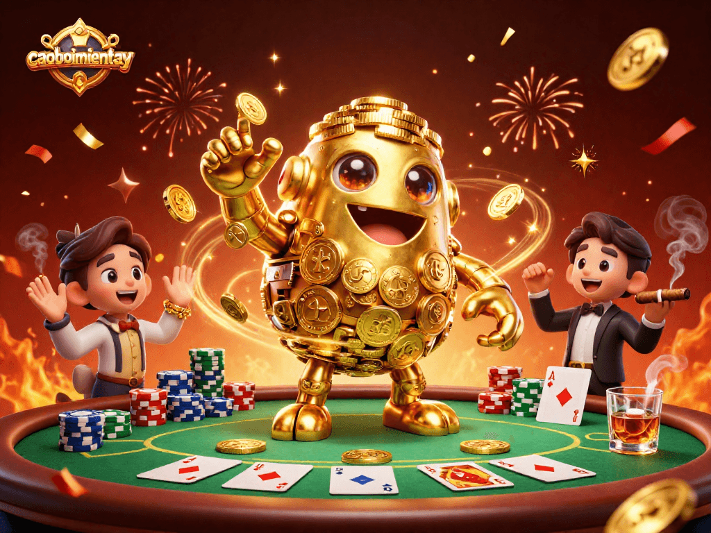 Experience thrilling action in caoboimientay with an illustrated golden golem and vibrant casino elements.