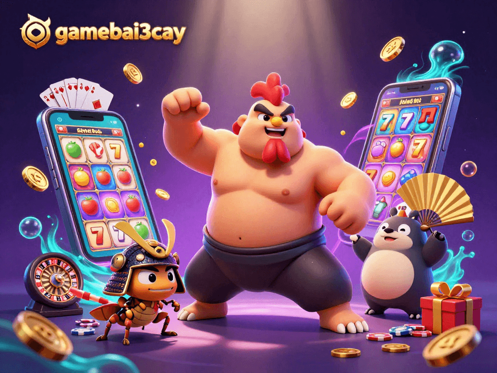 gamebai3cay features a powerful sumo rooster and samurai cricket amid vibrant casino elements