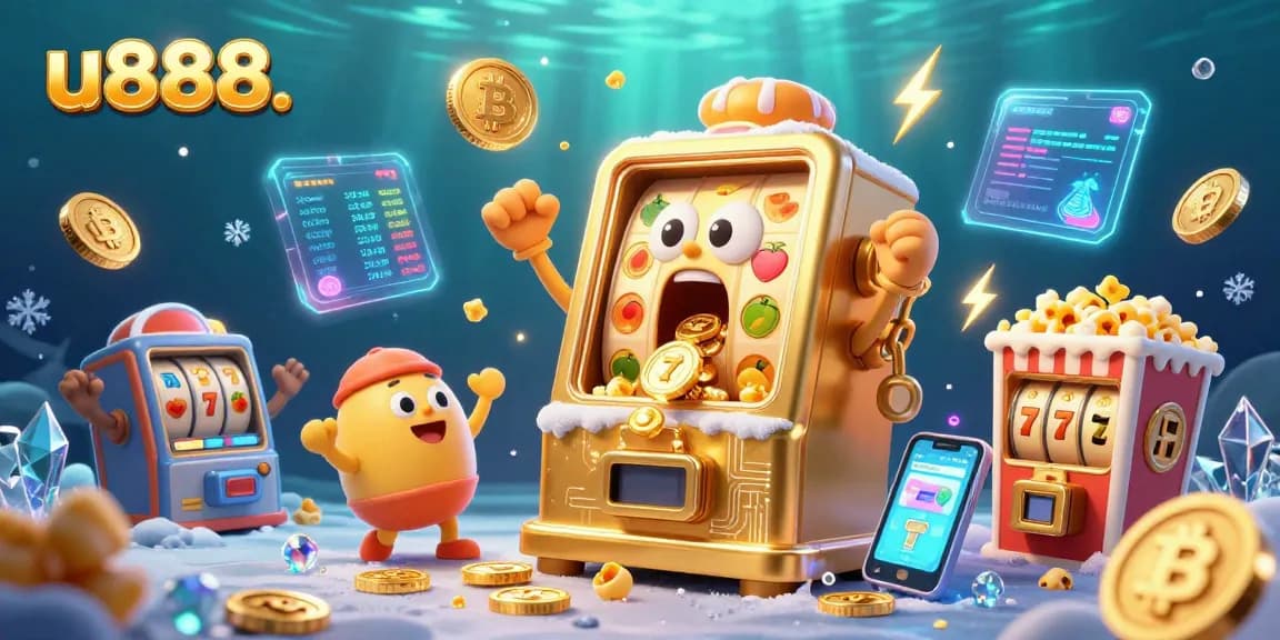 Celebrate your winnings at u888 with our vibrant slots scene featuring animated characters, jackpots, and crypto elements.