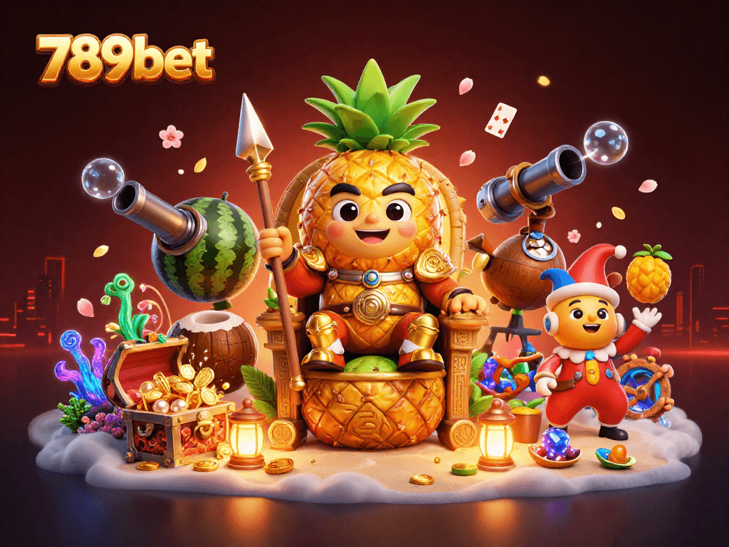 Experience the thrill of 789bet with a festive casino scene featuring a golden pineapple king and whimsical characters.