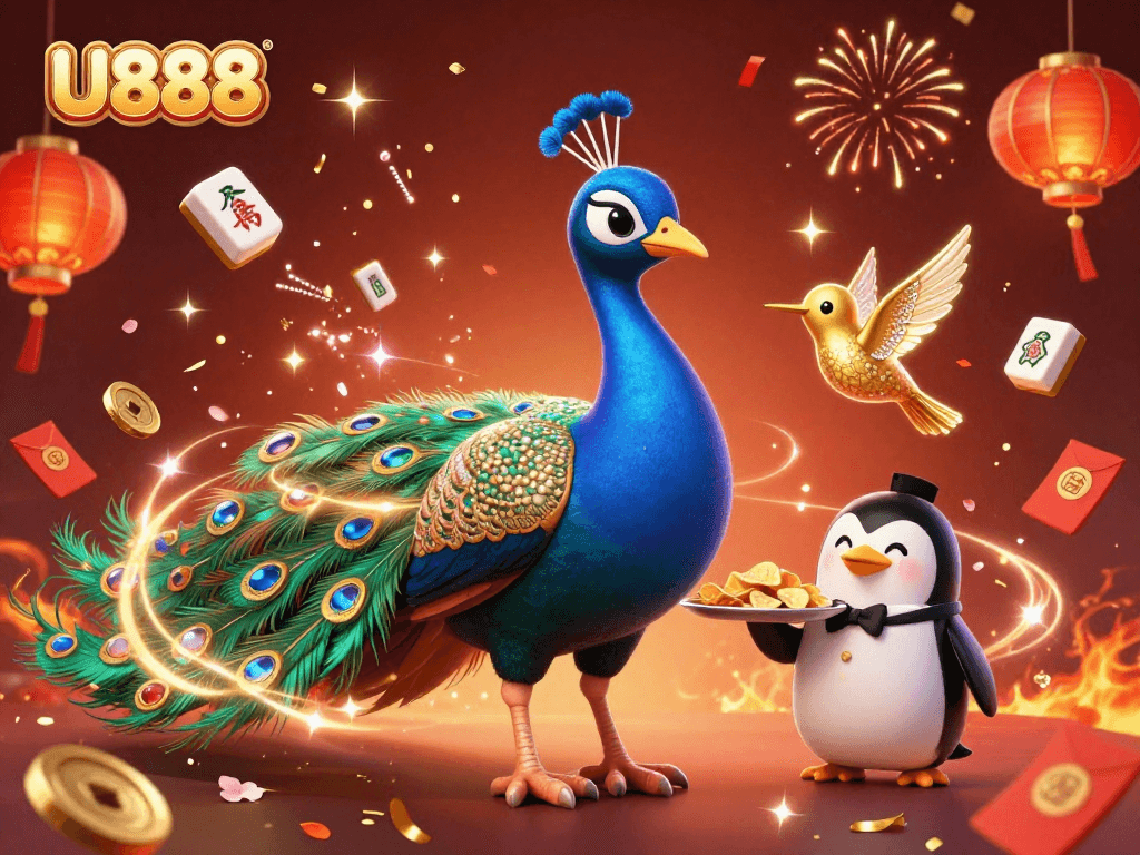 Experience exciting gameplay with U888's vibrant casino themes featuring a peacock, penguin, and hummingbird.