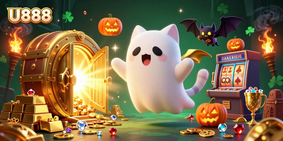 Experience U888's haunted casino magic with ghost cat, vampire bat, and glowing poker jack-o-lanterns.