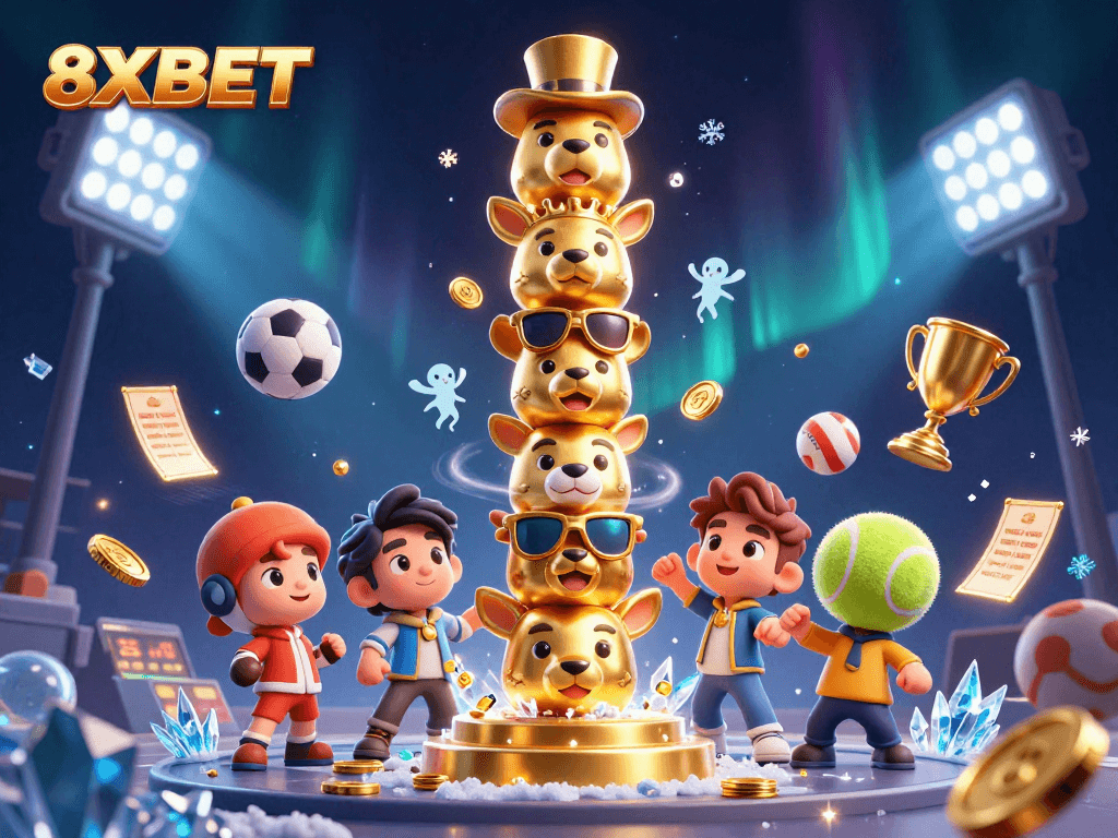 Experience betting action at 8XBET with dynamic 3D illustrations of casino fun and excitement.