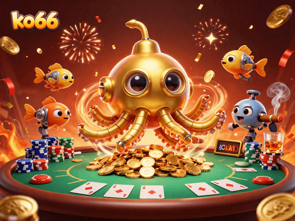 Experience thrilling gameplay at ko66 with a dynamic scene featuring a golden kraken and poker elements.