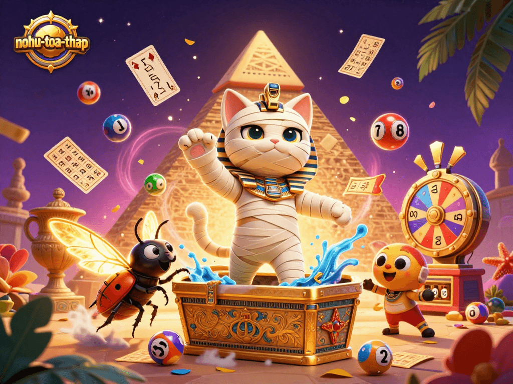 Engage in nohu-toa-thap with Egyptian-themed adventures featuring a mummy cat and vibrant casino elements.