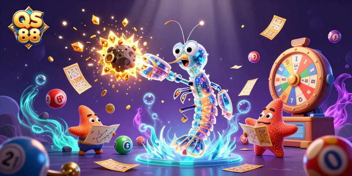 Engage with QS 88: A vibrant scene featuring a mantis shrimp and starfish amidst dynamic lottery elements.