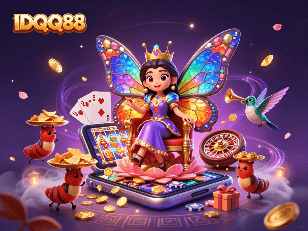 IDQQ88 captures the excitement of gambling through a vibrant 3D casino scene with a magical butterfly queen and slot elements.