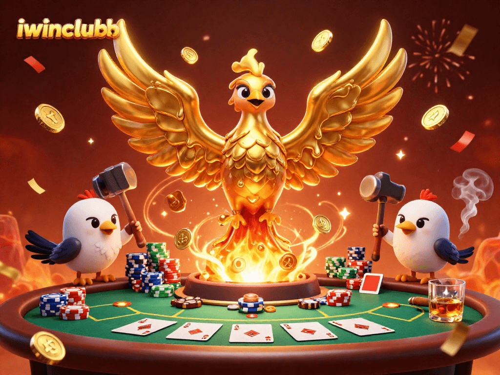 Experience thrilling poker action with iwinclubb's molten golden phoenix and vibrant casino elements.