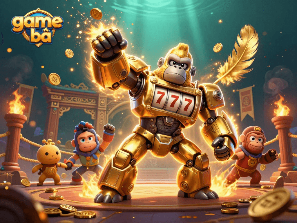 Experience thrilling action with game bài as the golden gorilla mech unleashes slot machine glory!