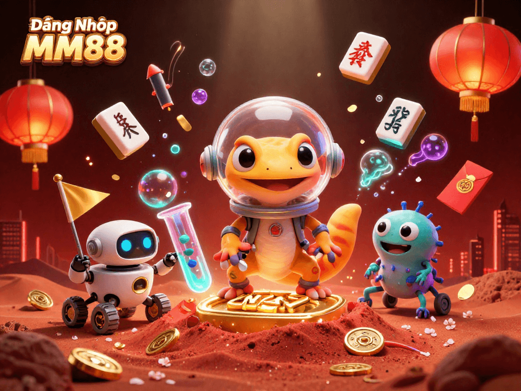 Engage in Đăng Nhập MM88 with a vibrant 3D casino scene showcasing cheerful characters and dynamic game elements.
