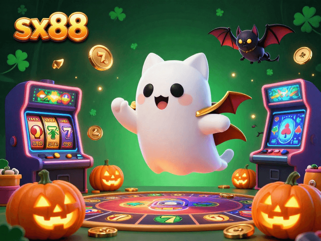 Sx88 ghost cat and vampire bat enjoying a vibrant casino environment filled with glowing slot machines and game elements.