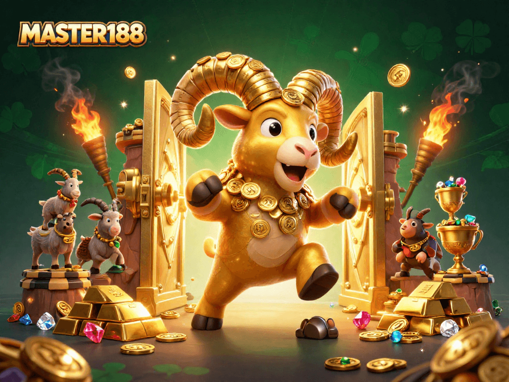 Experience thrilling jackpots at MASTER188 with a golden ram charging at a casino gate.