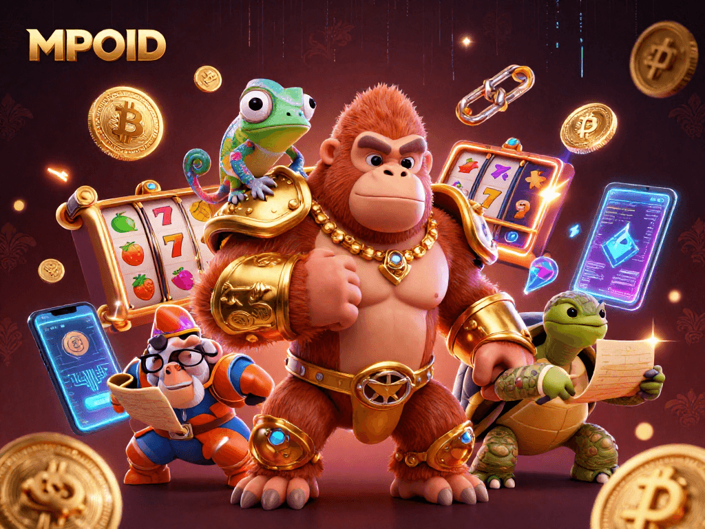 Engage with MPOID's thrilling online gaming experience featuring dynamic slot characters and cryptocurrency elements.