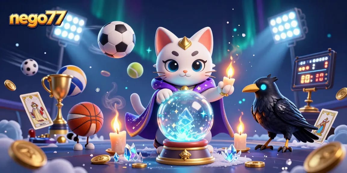 Nego77 players are engaging with a captivating 3D casino scene featuring mystical elements and dynamic sports action.