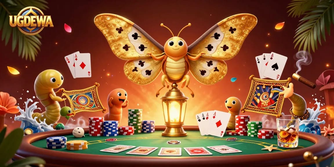 Experience the vibrant UGDEWA casino scene featuring a majestic atlas moth with poker elements.