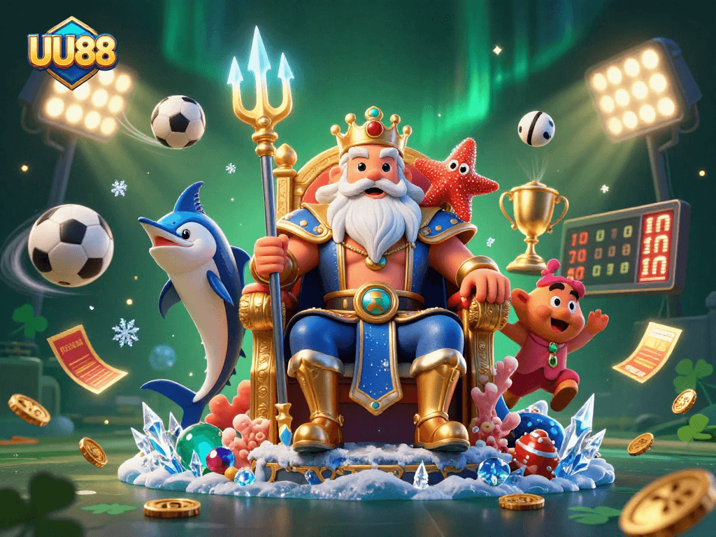Bet on exciting games with UU88, featuring Neptune, sports balls, and dazzling elements.