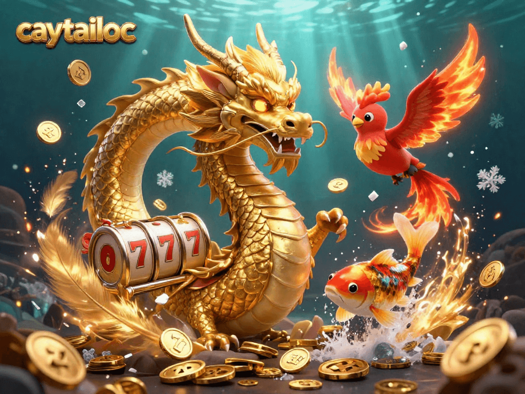 Engage with caytailoc as the fierce dragon and phoenix soar through a vibrant casino backdrop.