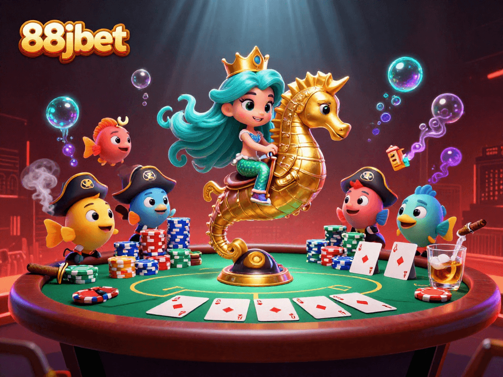 88jbet mermaid princess leads an exciting underwater poker scene with vibrant game elements.