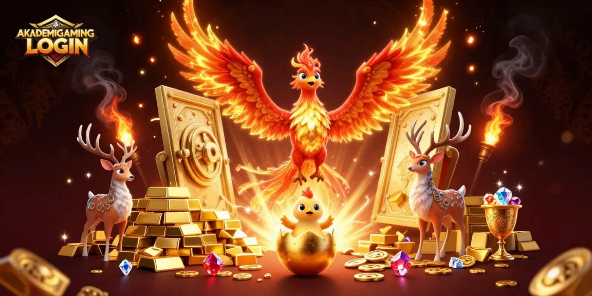 Experience the thrill with AKADEMIGAMING LOGIN, showcasing dynamic golden treasures and vibrant characters.