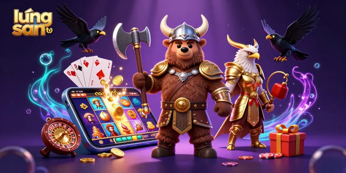Experience gambling excitement with lương sơn tv, featuring a Viking berserker bear and magical elements in an animated casino scene.
