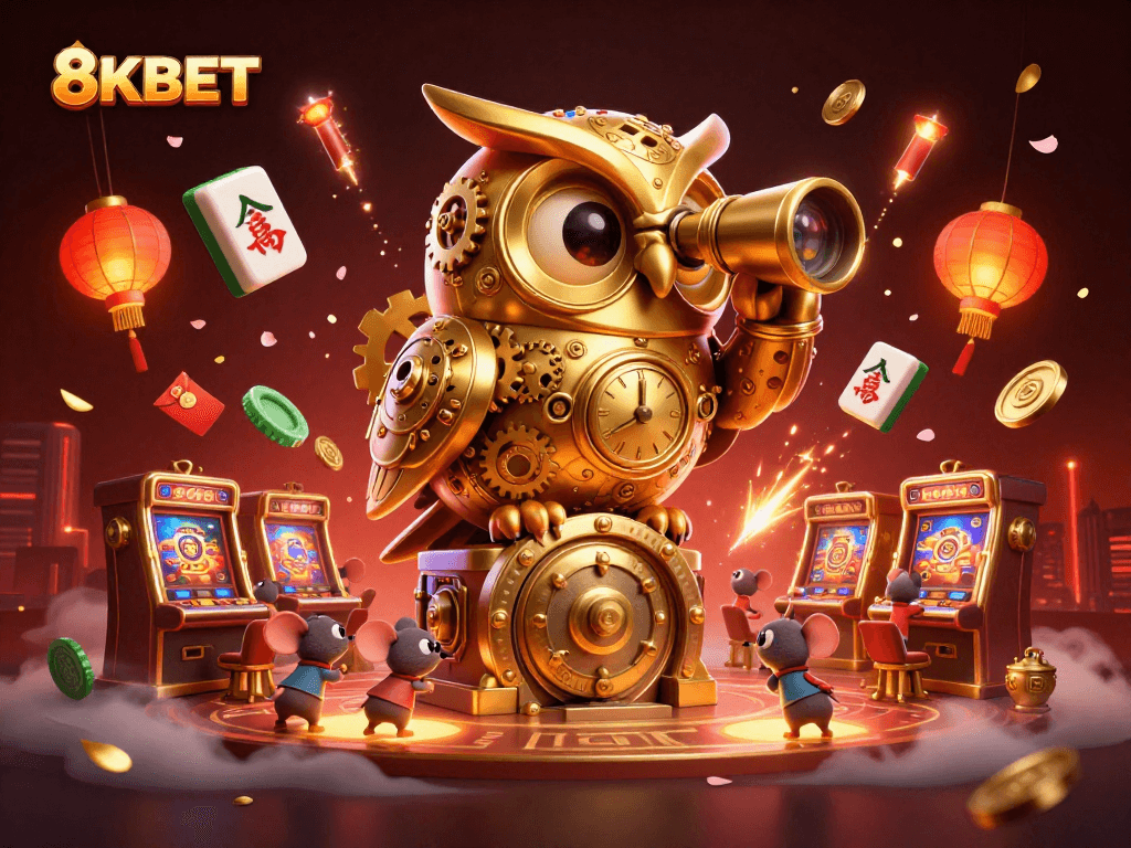 Experience exhilarating gameplay at 8KBET with dynamic casino scenes filled with a playful golden owl and lively mice.