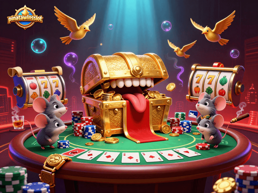 Engage in pinatawinsslot as adventurer mice navigate a golden treasure chest and vibrant casino elements.