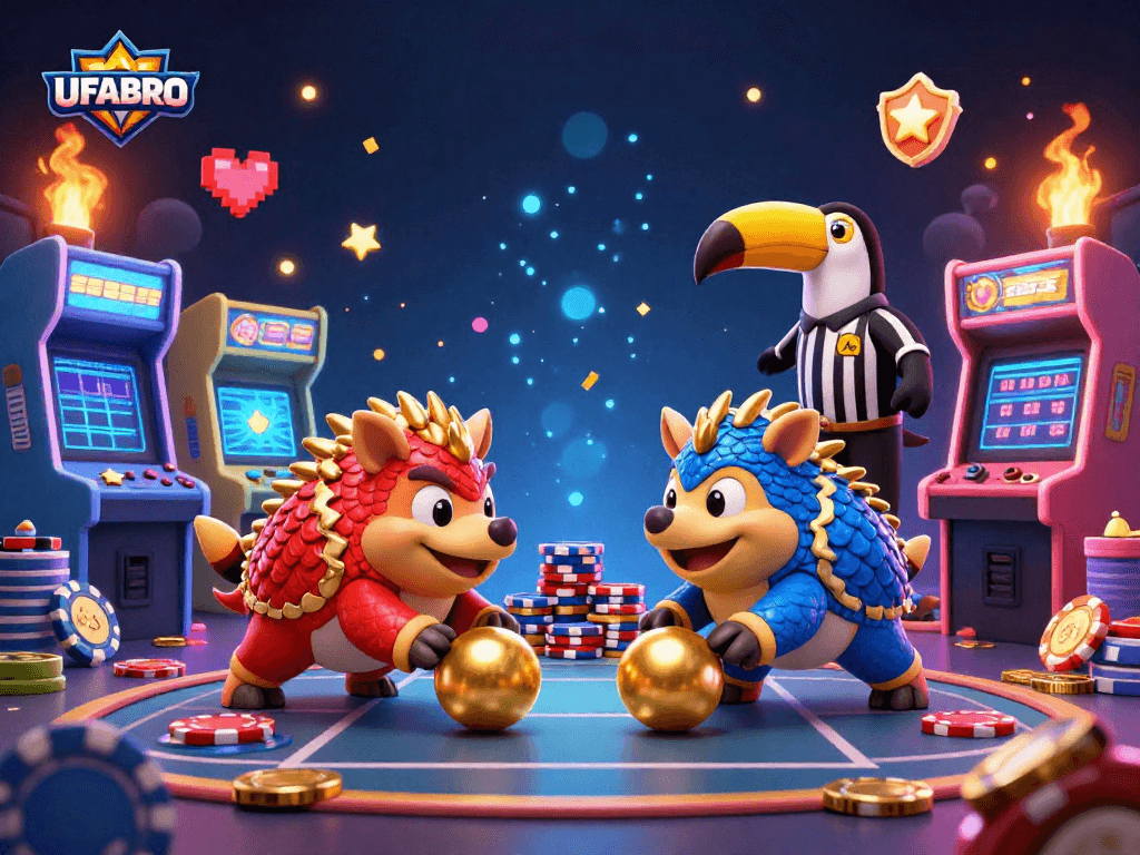 UFABRO brings the thrill of casino gaming with vibrant pangolins bowling chips in a lively, energetic scene.