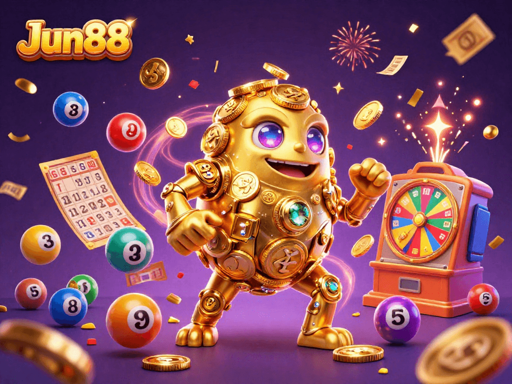Win big with Jun88's thrilling gaming experience featuring a golden golem and dynamic lottery elements.