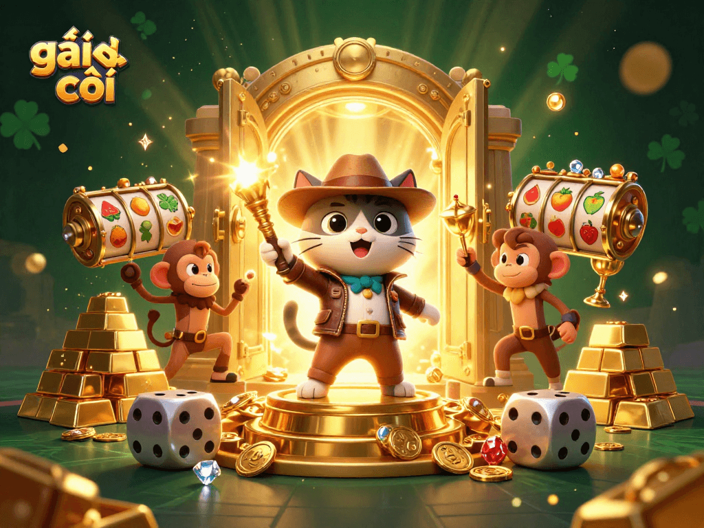 Engage with gái gọi in this vibrant casino scene, featuring an explorer cat and dynamic slot reels.