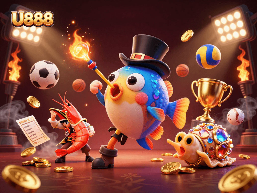 Experience the excitement of U888 with a dynamic 3D scene of colorful gaming characters and sports elements.