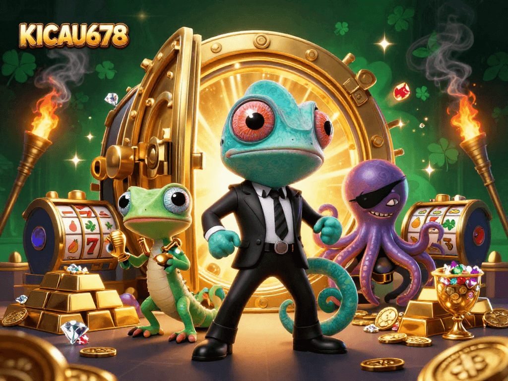 KICAU678 showcases vibrant casino action with colorful characters amidst dazzling treasures.
