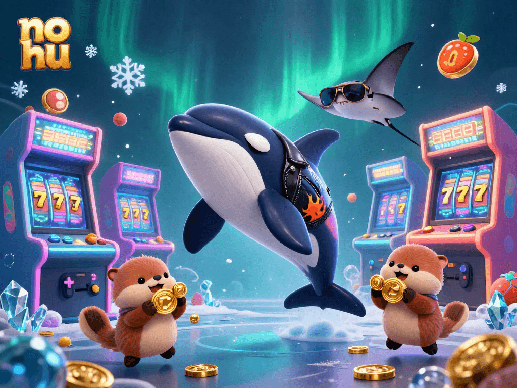 No hu players enjoy jumping into exciting jackpot opportunities with whales and otters amidst glowing game machines.