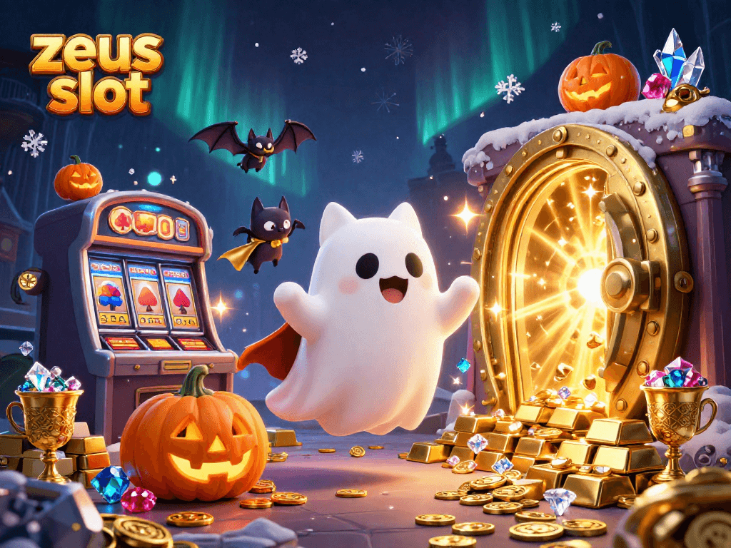 Gambarkan zeus slot dengan kucing hantu lucu dan kelelawar di kasino berhantu.