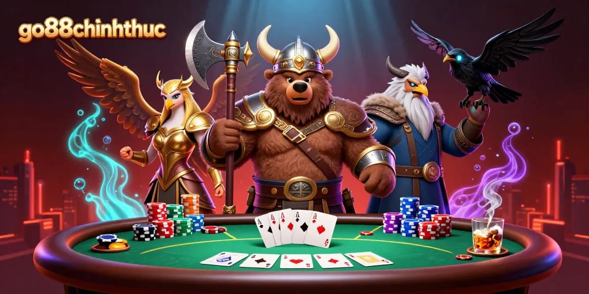 Go88chinhthuc showcases an epic poker battle with a Viking bear, Valkyrie eagle, and Odin's ravens amidst vibrant game elements.