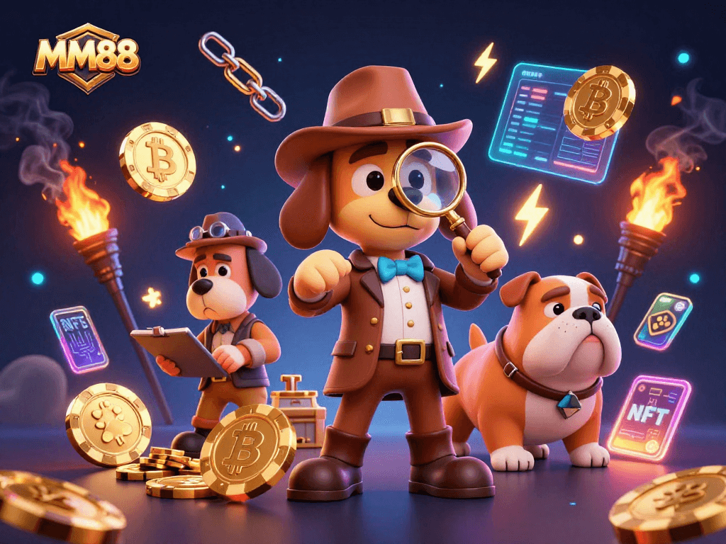 Uncover gambling strategies with MM88 in this vibrant 3D detective-themed illustration.
