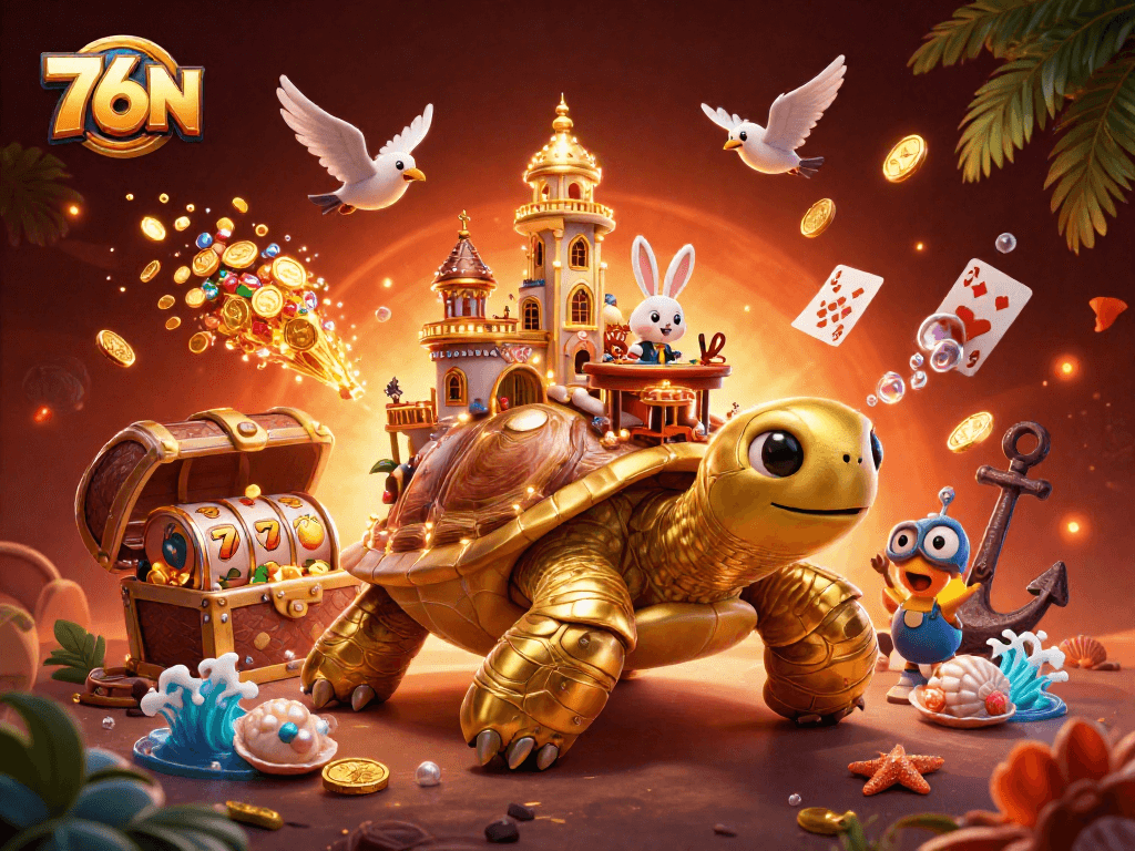 Gire os rolos dos slots divertidos no 76N com esta ilustração de cassino vibrante e cheia de detalhes.