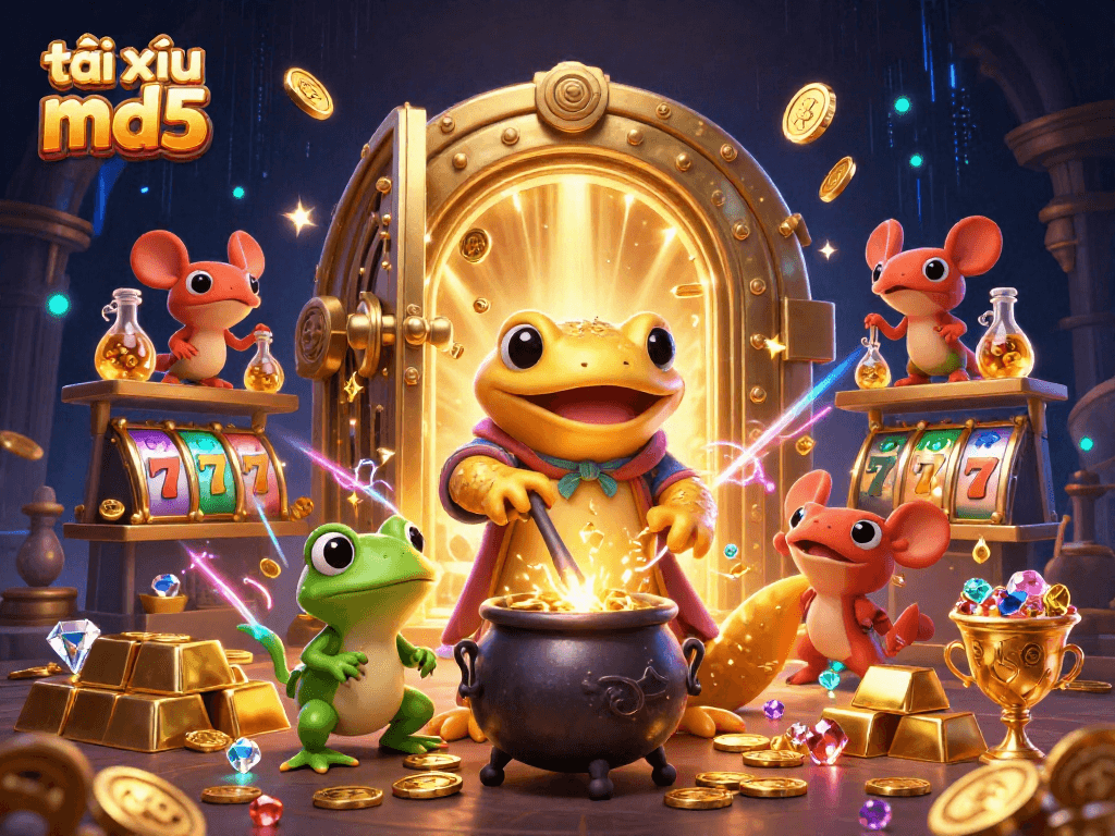 Play tài xỉu md5 with excitement as a golden salamander alchemist transforms riches in a dynamic casino scene.