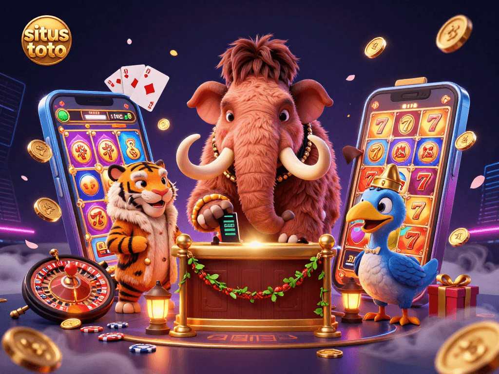 Engage with situs toto platforms showcasing a vibrant gambling scene, laden with slot games and thrilling casino elements.