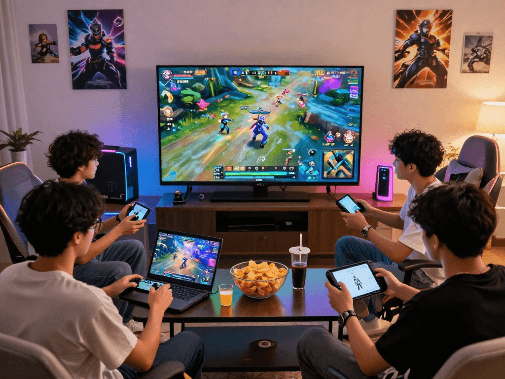 A group of friends playing gacha168 multiplayer game with excitement in a cozy living room.