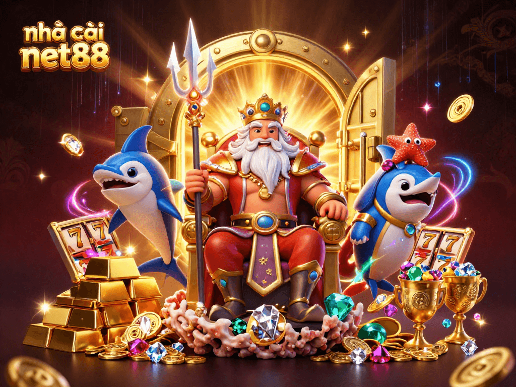 Engage with nhà cái net88 through this vibrant, dynamic casino illustration featuring Neptune and treasures.