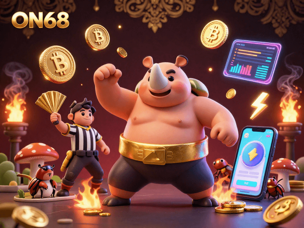 Engage with ON68 as the rhinoceros beetle sumo champion sends golden coins flying in a vibrant, immersive casino scene.
