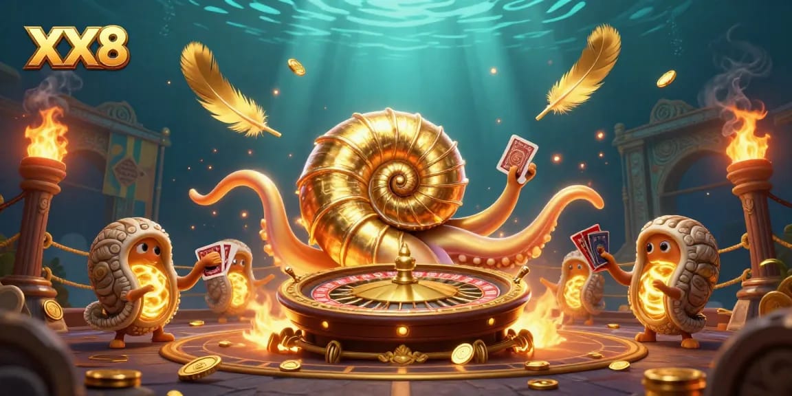 Experience thrilling gaming with XX8's nautilus roulette and glowing cards in a dynamic casino scene.