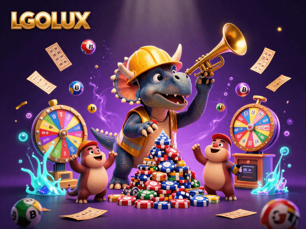 Experience the thrill of LGOLUX with vibrant gaming characters celebrating a jackpot in a colorful casino environment.