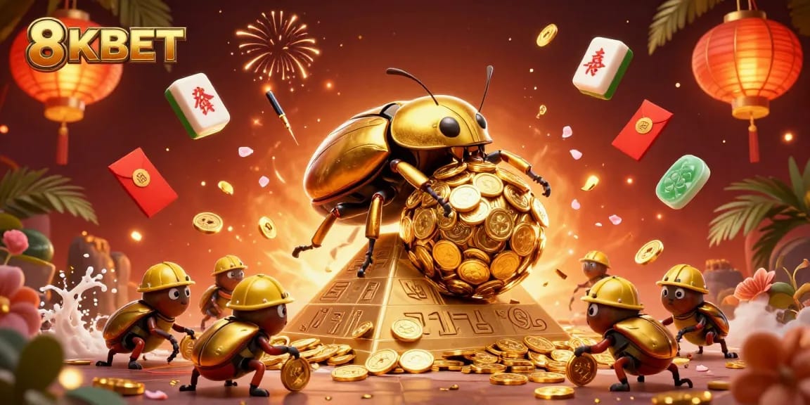 Experience the thrills at 8KBET with a vibrant casino-themed illustration showcasing golden elements.