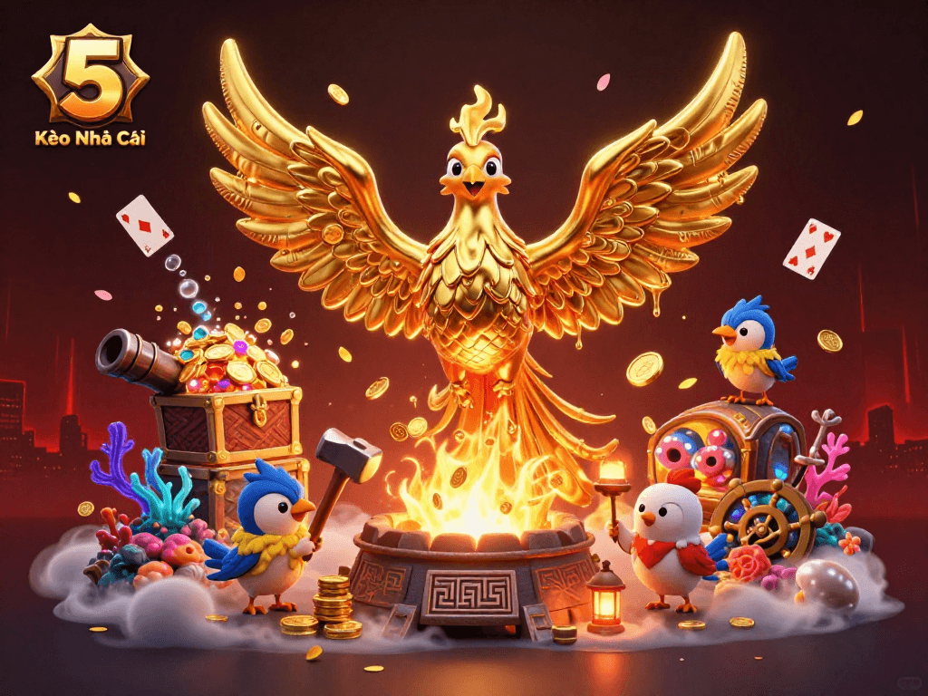 Kèo Nhà Cái 5 showcases dynamic 3D illustration of a molten golden phoenix among vibrant casino elements.